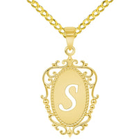 Load image into Gallery viewer, 14k Yellow Gold Elegant Filigree Oval Uppercase Initial S Script Letter Plate Pendant with Curb Chain Necklace
