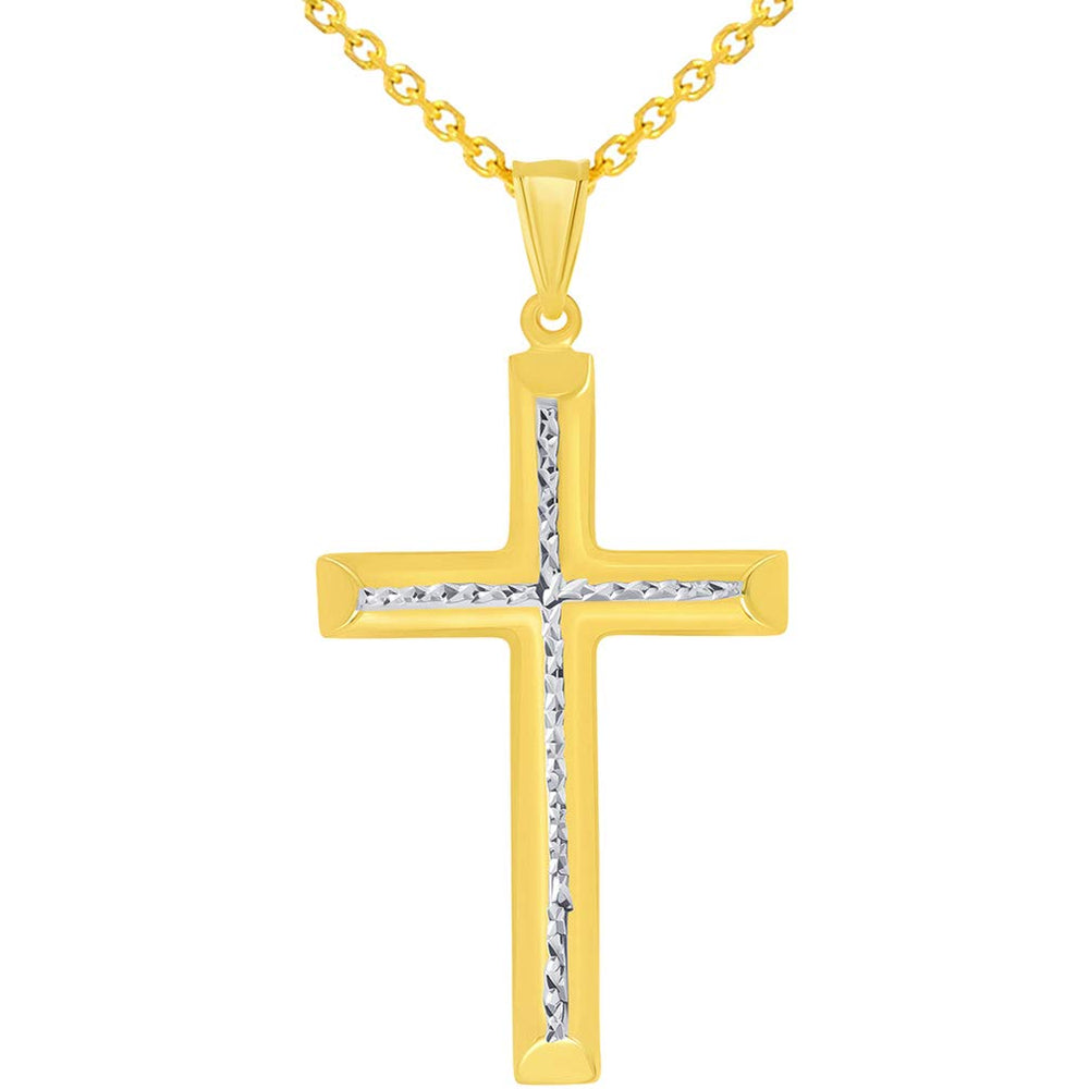 14k Yellow Gold Textured Two-Tone Religious Tube Cross Pendant Necklace