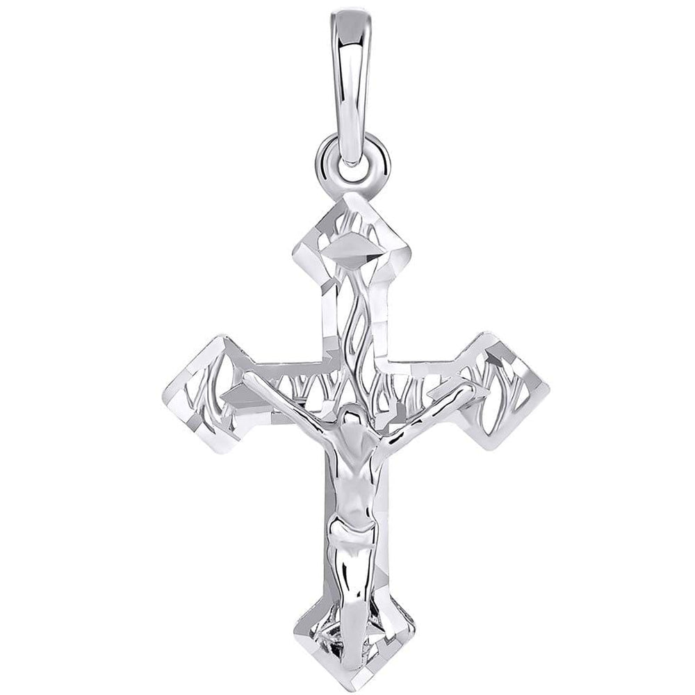 14k White Gold Textured Christian Cross Orthodox 3D Crucifix Pendant