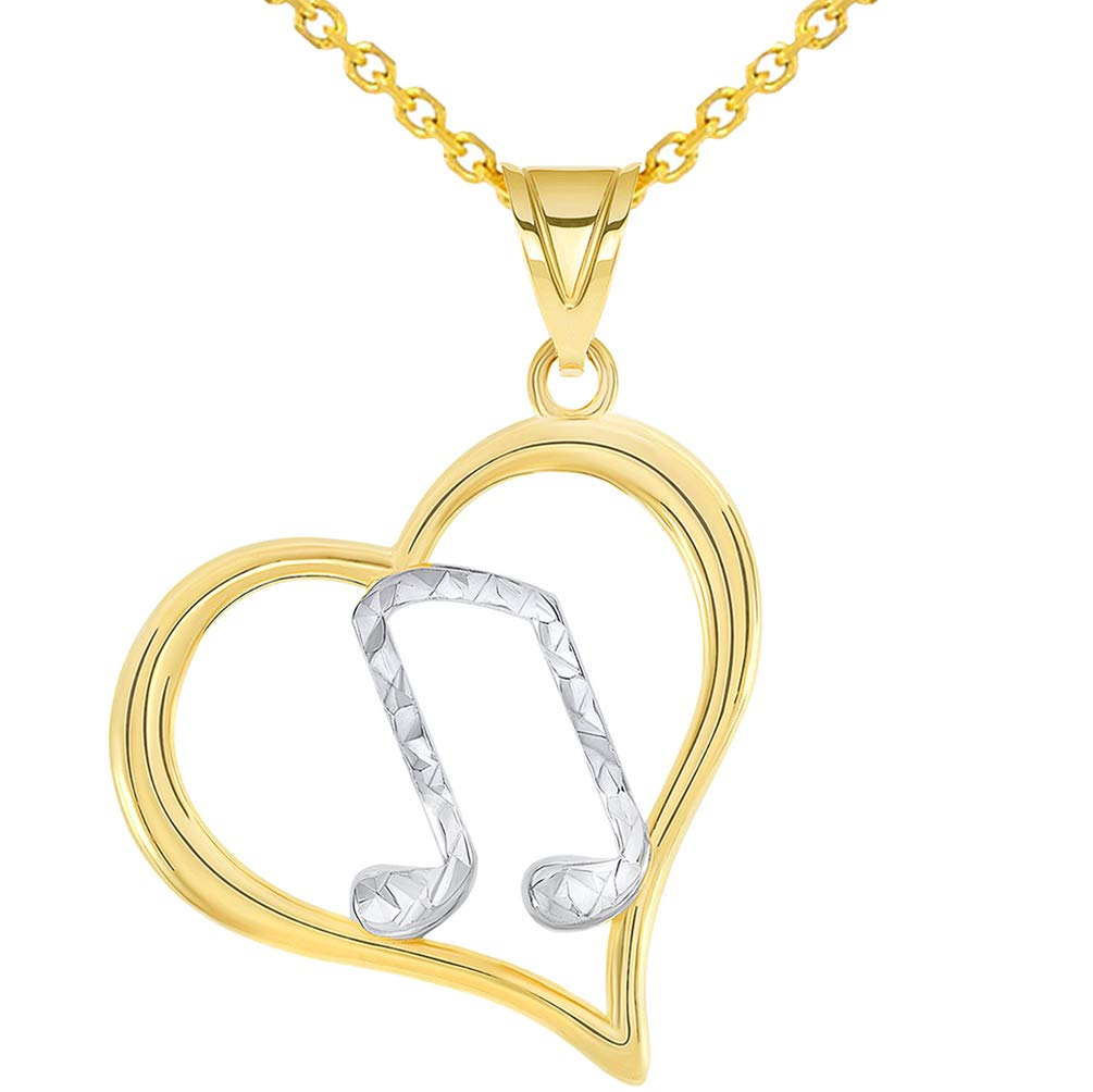 14k Yellow Gold Textured Two Tone Musical G Clef Note In Open Heart Pendant Necklace