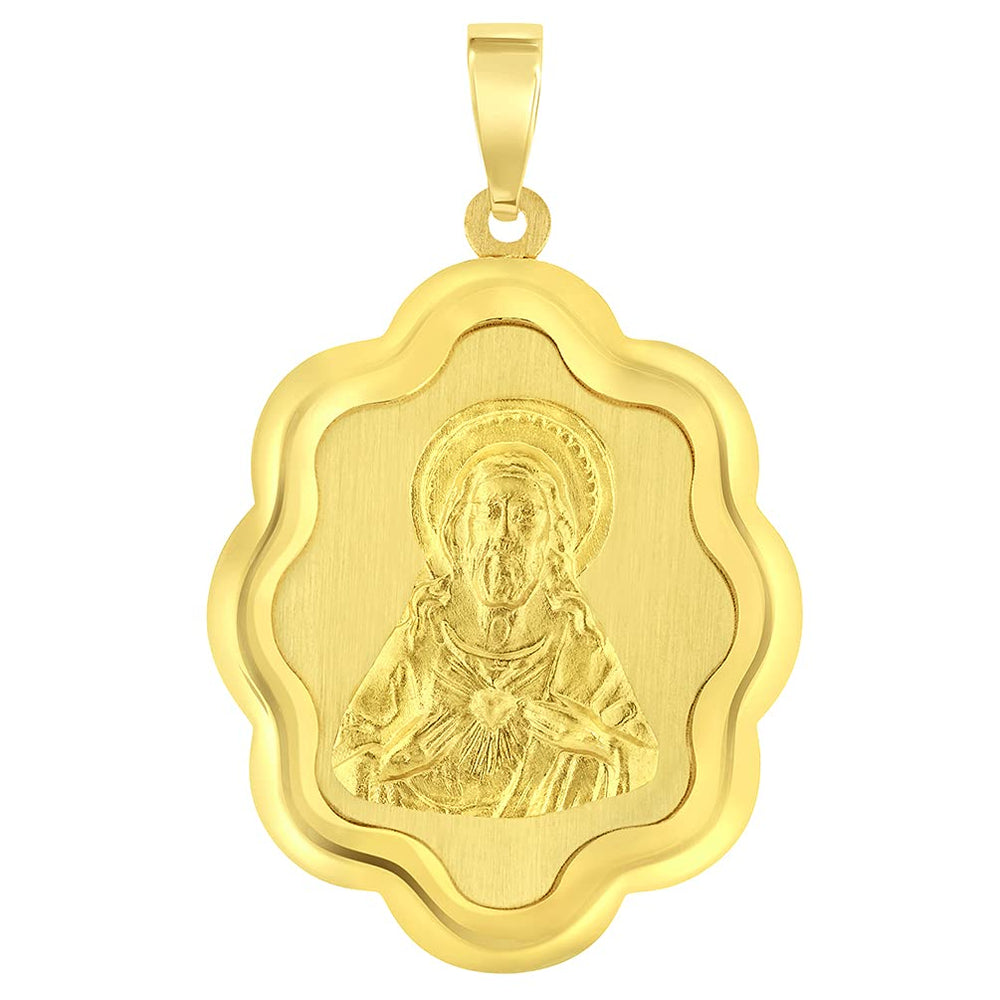 14k Yellow Gold Sacred Heart of Jesus Christ On Elegant Miraculous Medal Pendant (1")