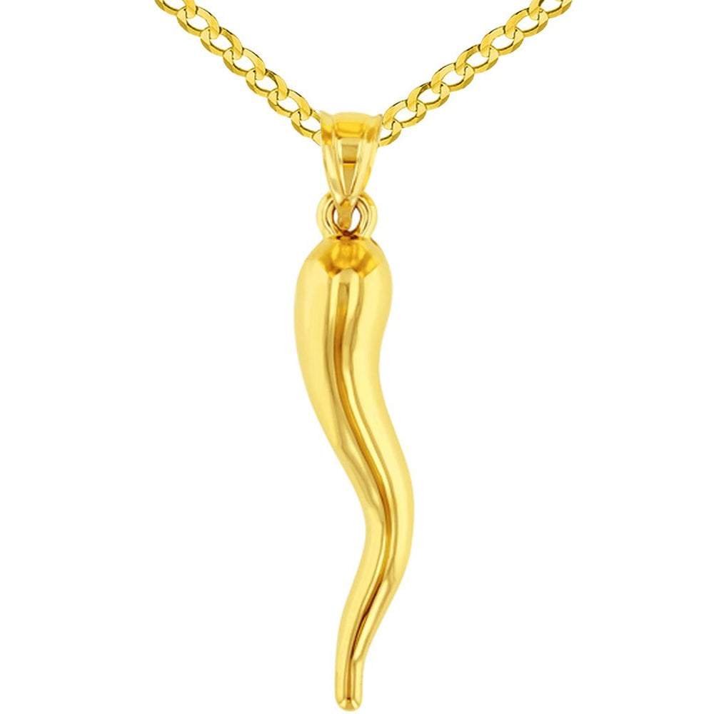 14K Yellow Gold Polished Large Cornicello Horn Pendant with Chain Necklace