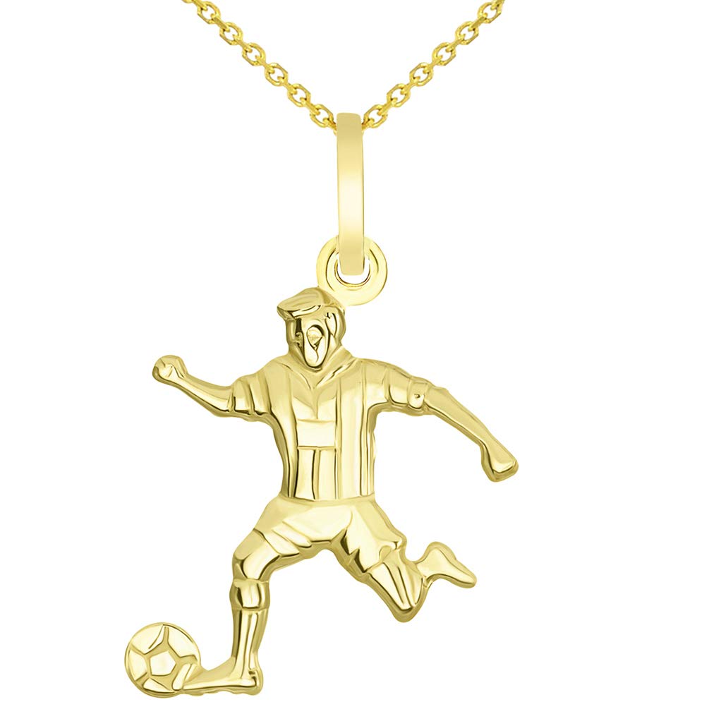 Solid 14k Yellow Gold Soccer Player Kicking Ball Pendant with Rolo Chain Necklace