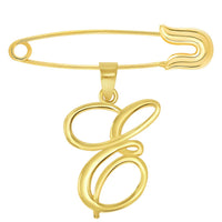 Load image into Gallery viewer, 14k Yellow Gold Elegant Script Letter E Cursive Initial Charm with Safety Pin Brooch
