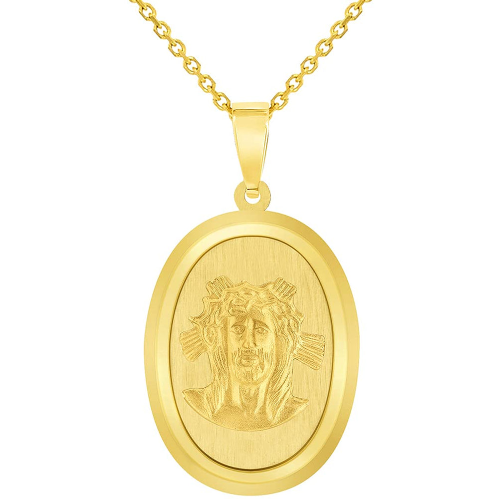 14k Yellow Gold Holy Face of Jesus Christ On Oval Miraculous Medal Pendant Necklace