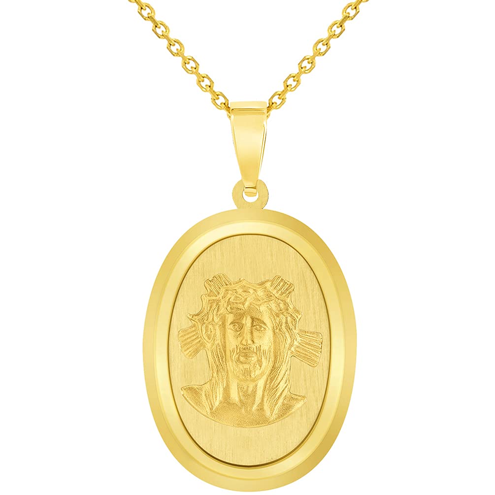 14k Yellow Gold Holy Face of Jesus Christ On Oval Miraculous Medal Pendant Necklace