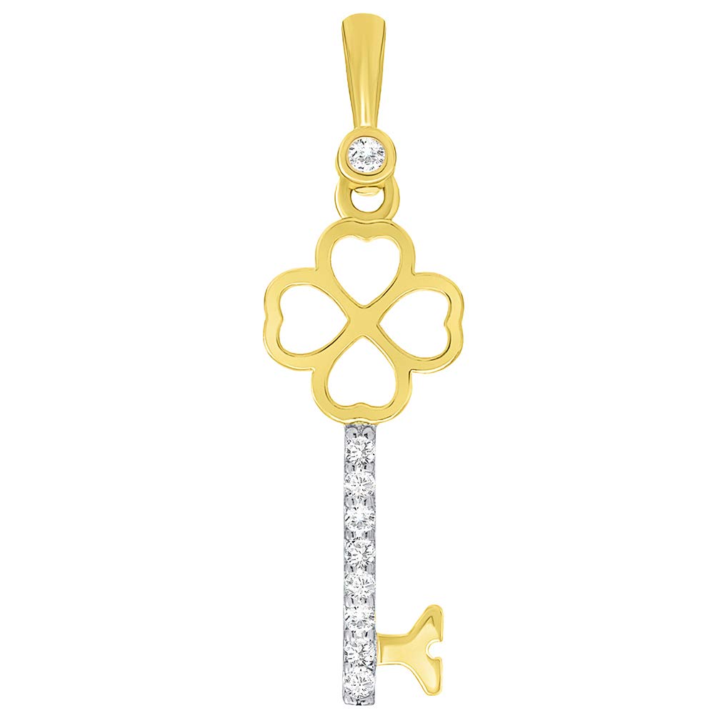 Solid 14K Yellow Gold Dainty Heart Shaped Four Leaf Clover Love Key Charm Pendant with Cubic Zirconia Gemstones