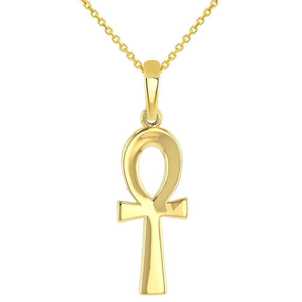 Solid 14k Yellow Gold Polished Egyptian Ankh Cross Charm Pendant with Chain Necklace