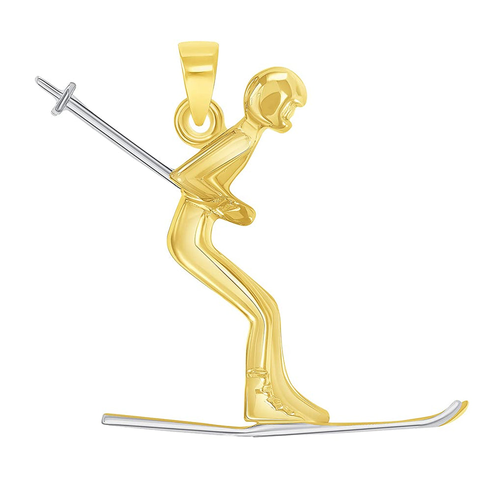 14k Yellow Gold 3D Snow Skier Skiing Two Tone Sports Pendant