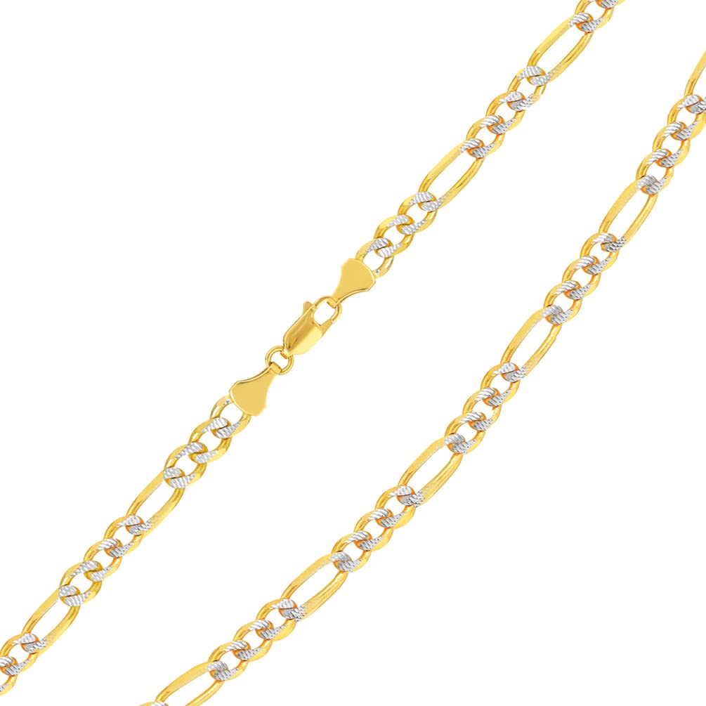 Solid 14k Yellow Gold 3mm Pave Two-Tone Figaro Link Chain Necklace with Lobster Claw Clasp