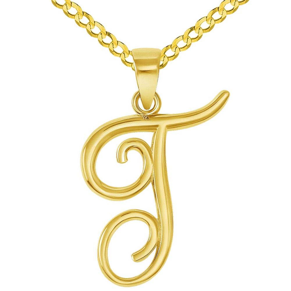 14k Yellow Gold Elegant Script Letter T Cursive Initial Pendant with Concave Cuban Link Curb Chain Necklace