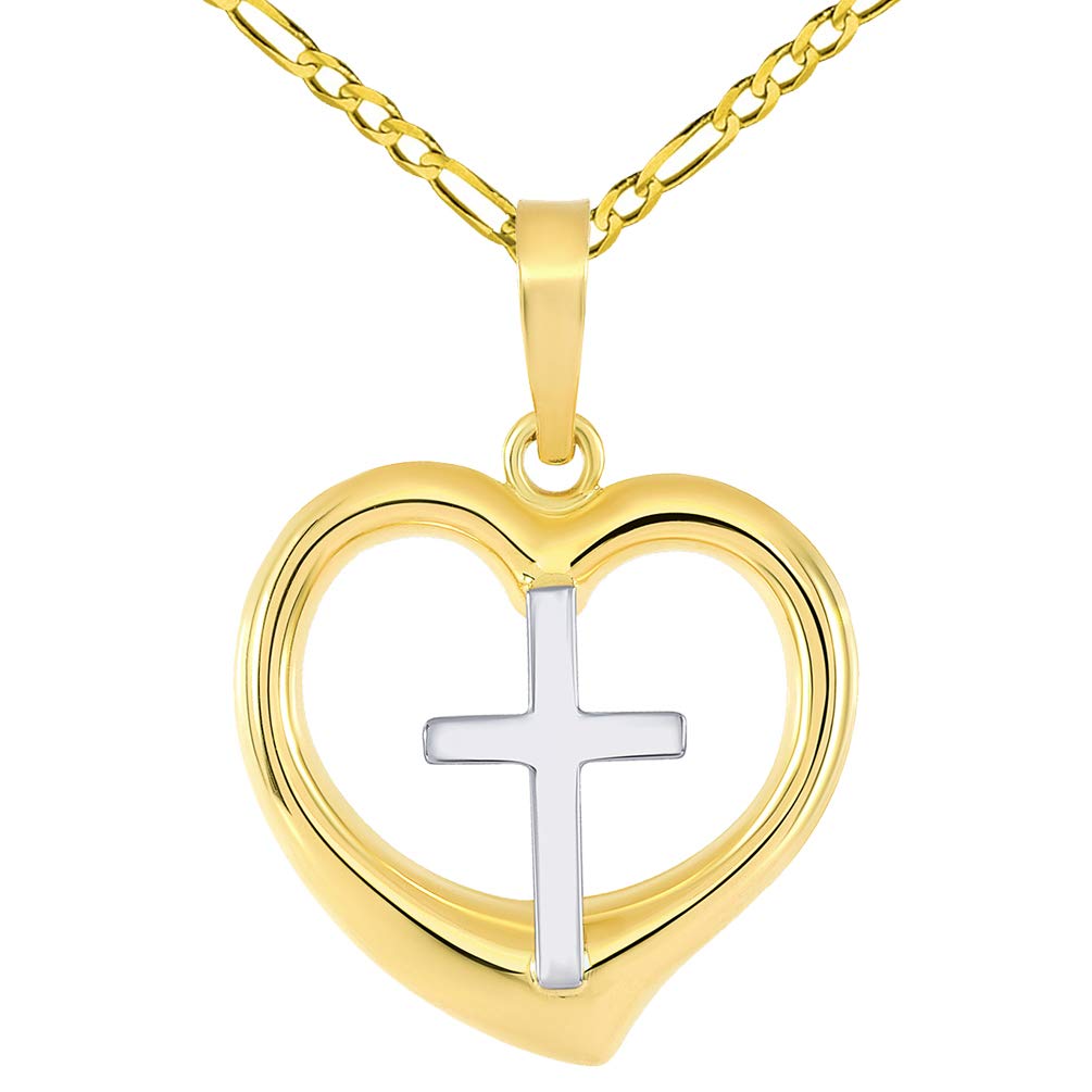 14k Two-Tone Gold Religious Cross Charm in 3D Heart Charm Pendant with Figaro Chain Necklace