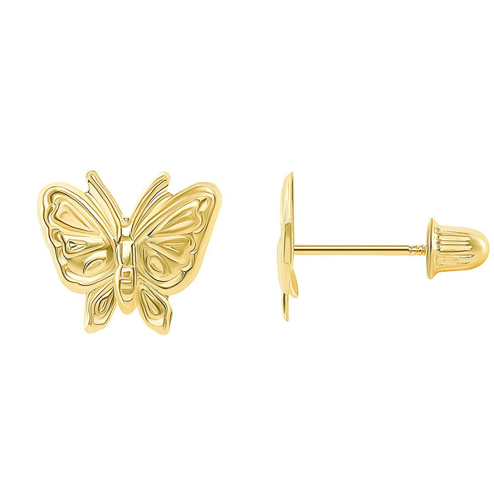 14k Yellow Gold Well Detailed Mini Butterfly Stud Earrings with Screw Back