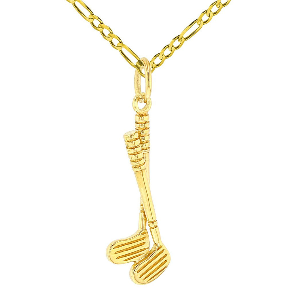 Solid 14K Gold Set of Golf Clubs Charm Sports Pendant Figaro Necklace - Yellow Gold
