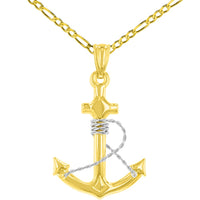 Load image into Gallery viewer, 14k Two-Tone Gold Polished 3D Anchor with Rope Pendant with Figaro Chain Necklace
