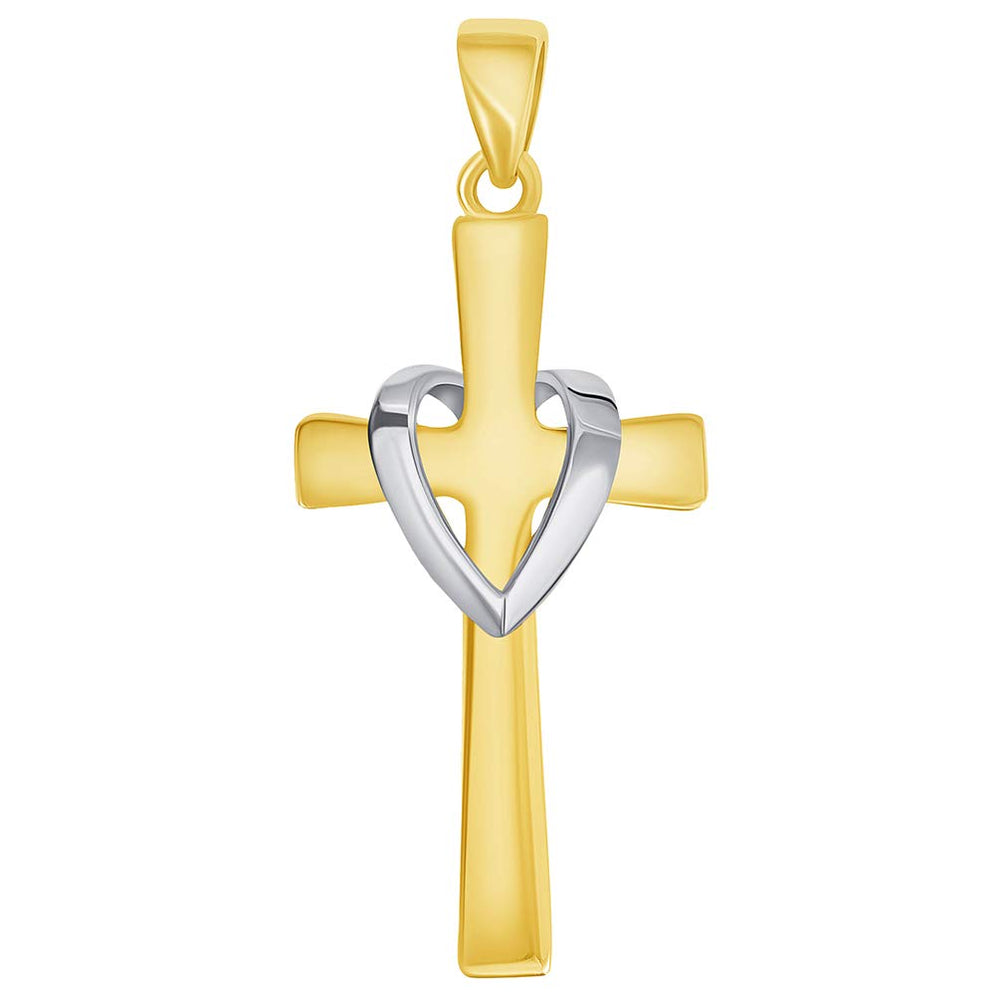 14k Solid Two-Tone Gold Religious Heart Cross Pendant