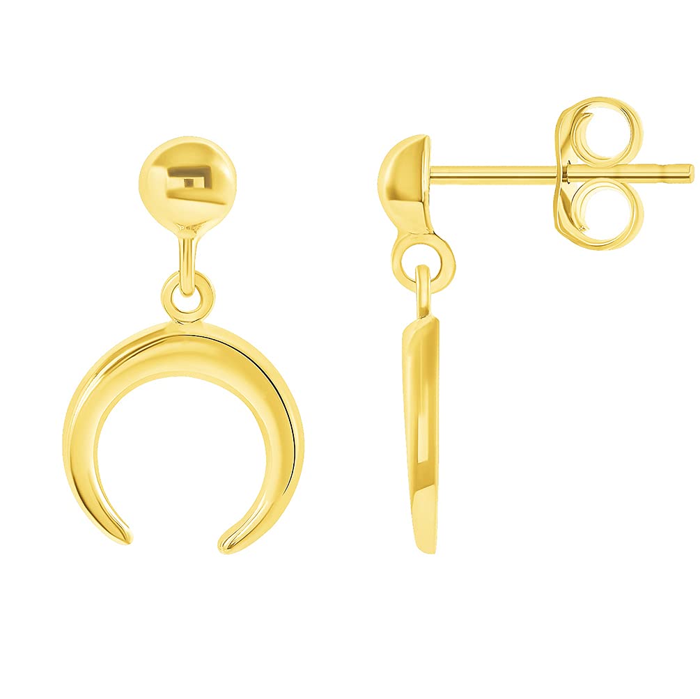 Solid 14k Yellow Gold Double Horn Crescent Moon Dangling Drop Stud Earrings with Friction Push Back