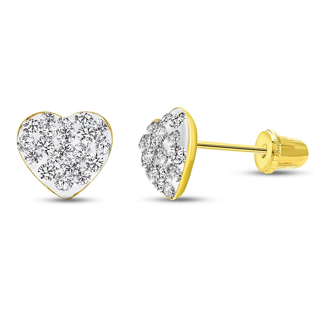 14k Yellow Gold Clear CZ Heart Stud Earrings with Screw Back