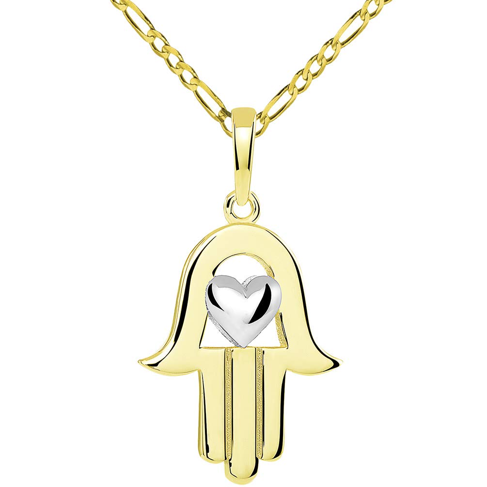 14k Yellow Gold Two-Tone Hamsa Hand of Fatima with Heart Pendant Figaro Necklace