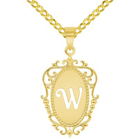 Load image into Gallery viewer, 14k Yellow Gold Elegant Filigree Oval Uppercase Initial W Script Letter Plate Pendant with Curb Chain Necklace
