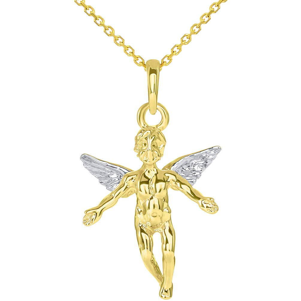 14k Solid Yellow Gold 3D Cherub Angel Pendant with Rolo Necklace