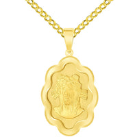 Load image into Gallery viewer, 14k Yellow Gold Holy Face of Jesus Christ On Elegant Miraculous Medal Pendant with Cuban Chain Curb Necklace
