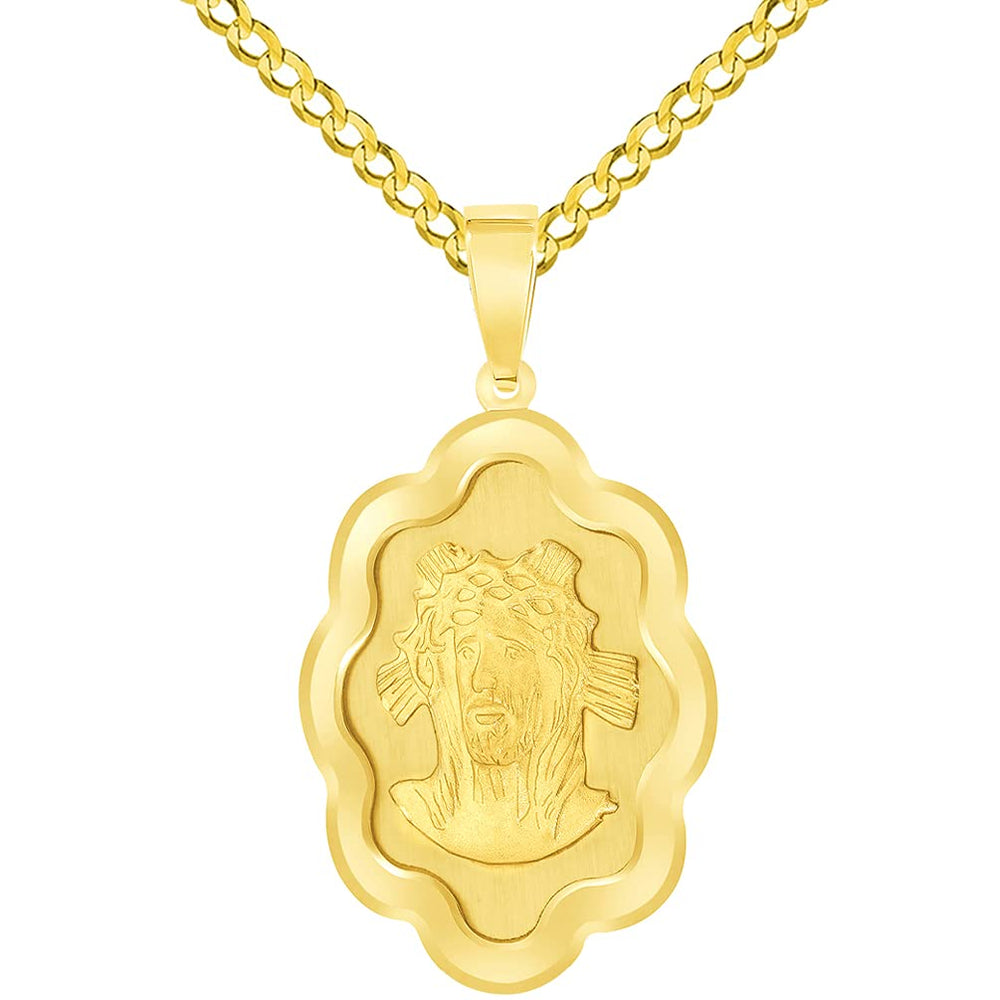 14k Yellow Gold Holy Face of Jesus Christ On Elegant Miraculous Medal Pendant with Cuban Chain Curb Necklace