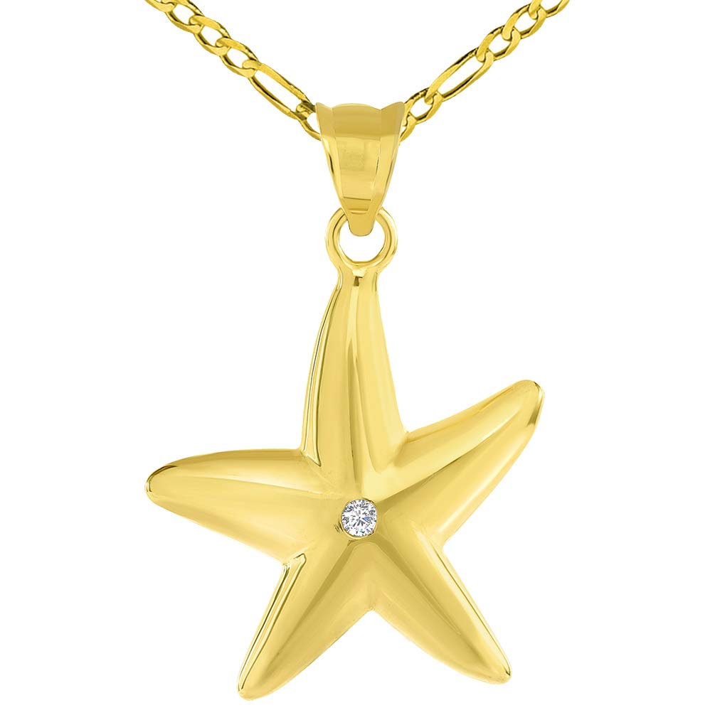 14k Yellow Gold High Polish Cubic Zirconia Studded Starfish Pendant with Figaro Chain Necklace