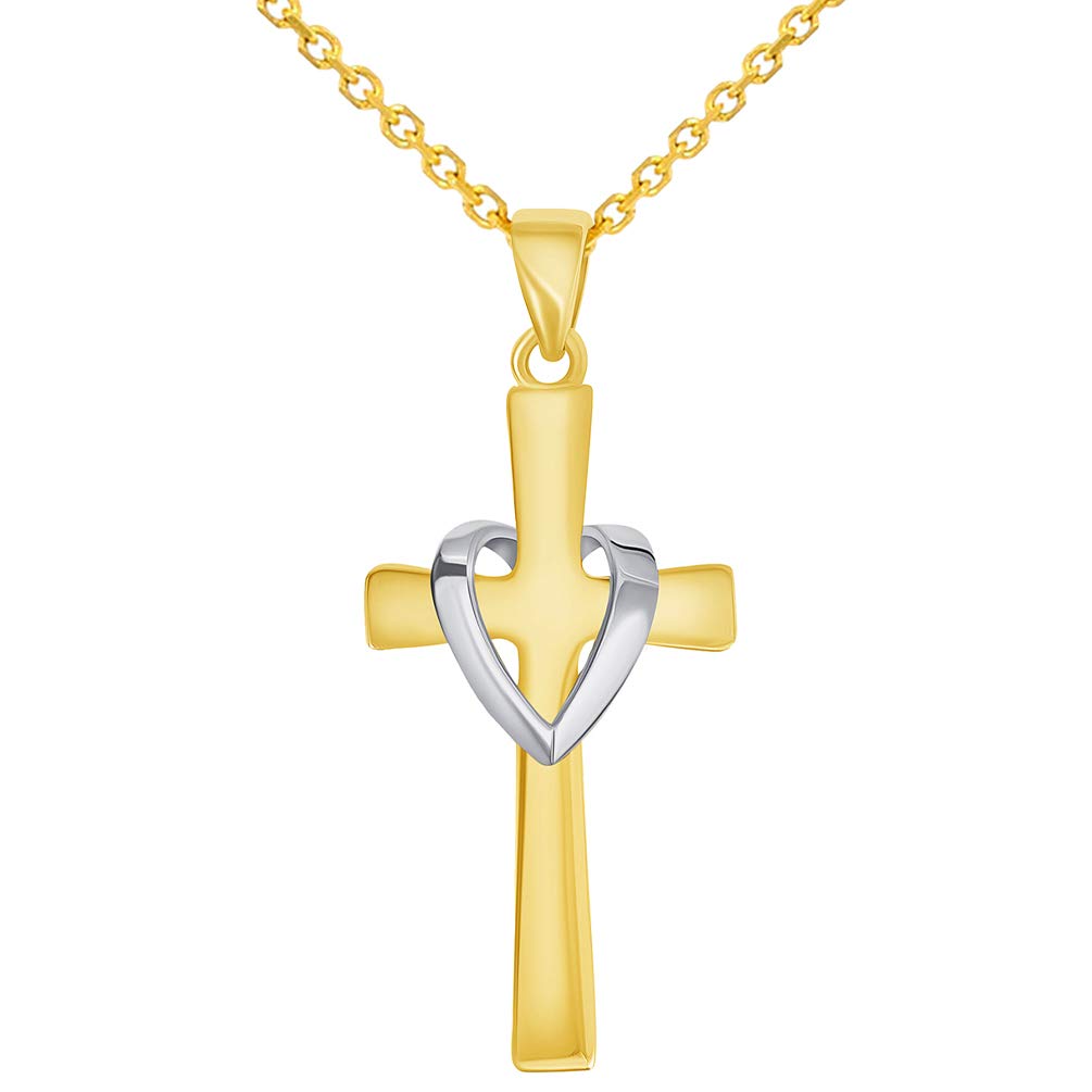 14k Solid Two-Tone Gold Religious Heart Cross Pendant Necklace