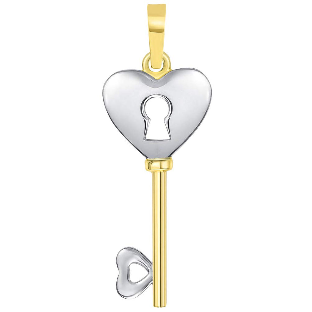 14k Yellow Gold 3D Two Tone Heart Shaped Love Key Pendant
