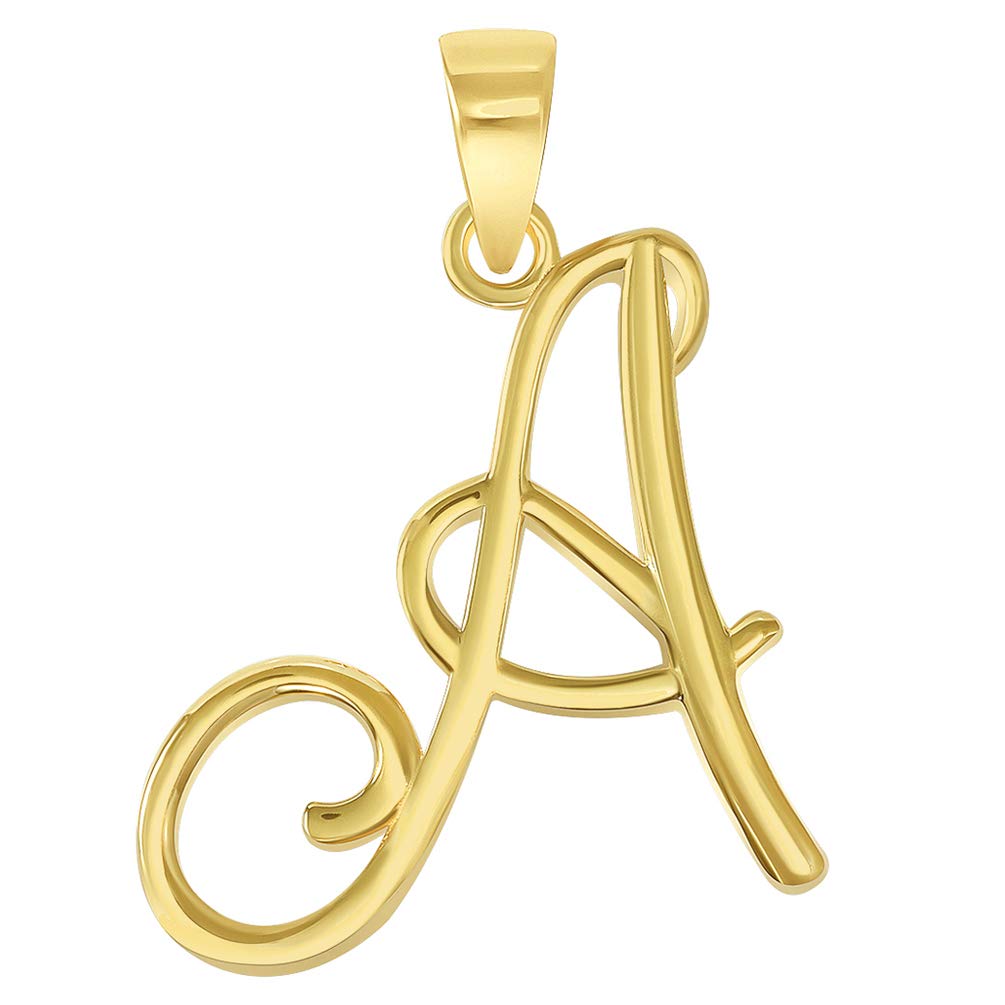Solid 14k Yellow Gold Elegant Script Letter Cursive Initial Pendant - A to Z
