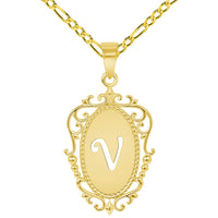 Load image into Gallery viewer, 14k Yellow Gold Elegant Filigree Oval Uppercase Initial V Script Letter Plate Pendant with Figaro Chain Necklace
