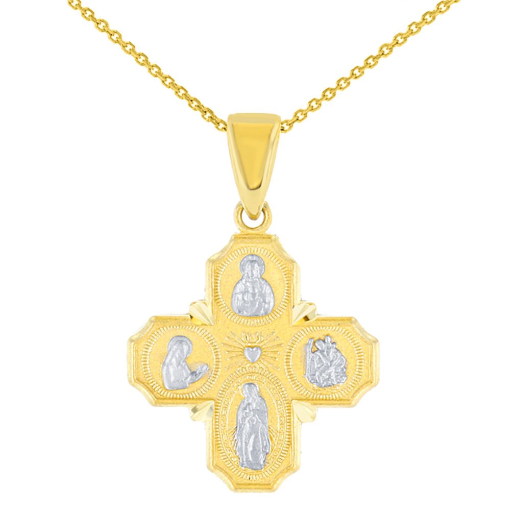 Solid 14K Gold Dainty Four Way Cross Charm with God Bless You Pendant Necklace - Yellow Gold