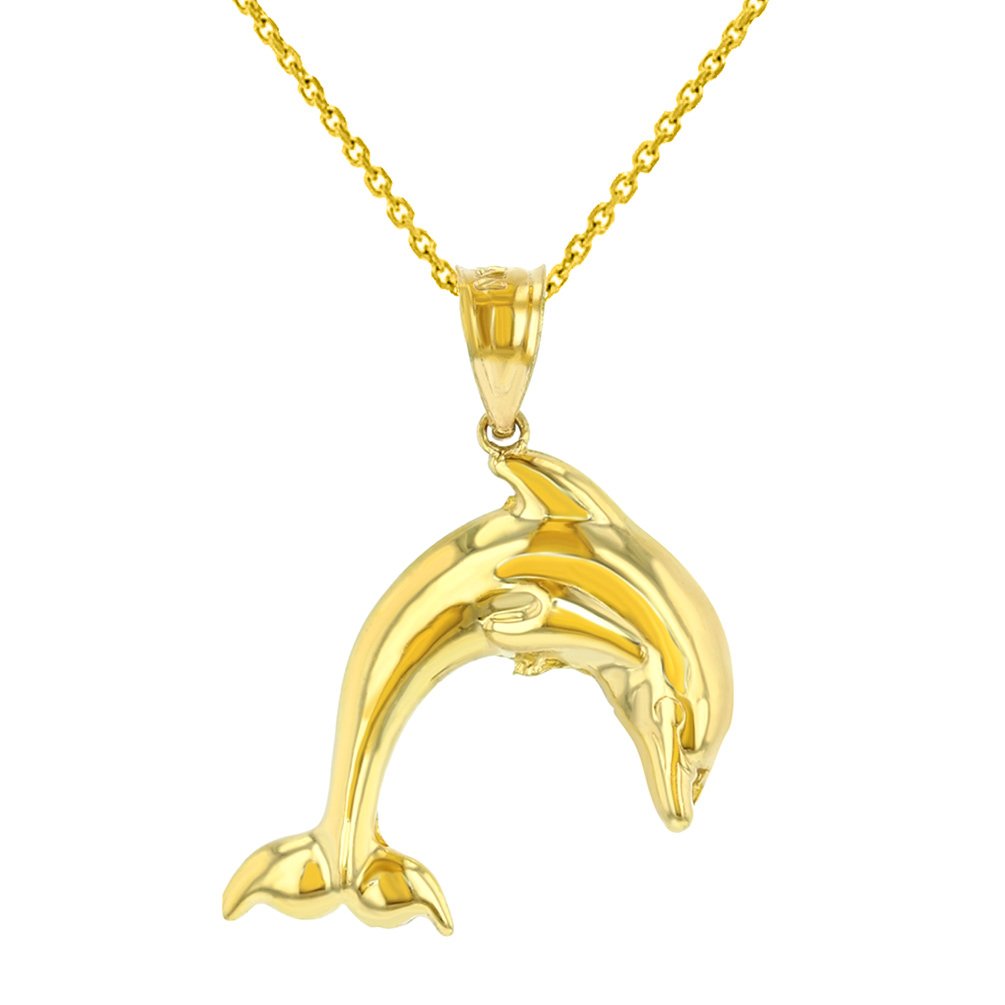 14K Yellow Gold Jumping Dolphin Charm Animal Pendant Necklace with High Polish