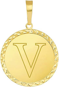 Load image into Gallery viewer, 14k Yellow Gold Personalized Round Block Letter Initial V Disc Pendant 
