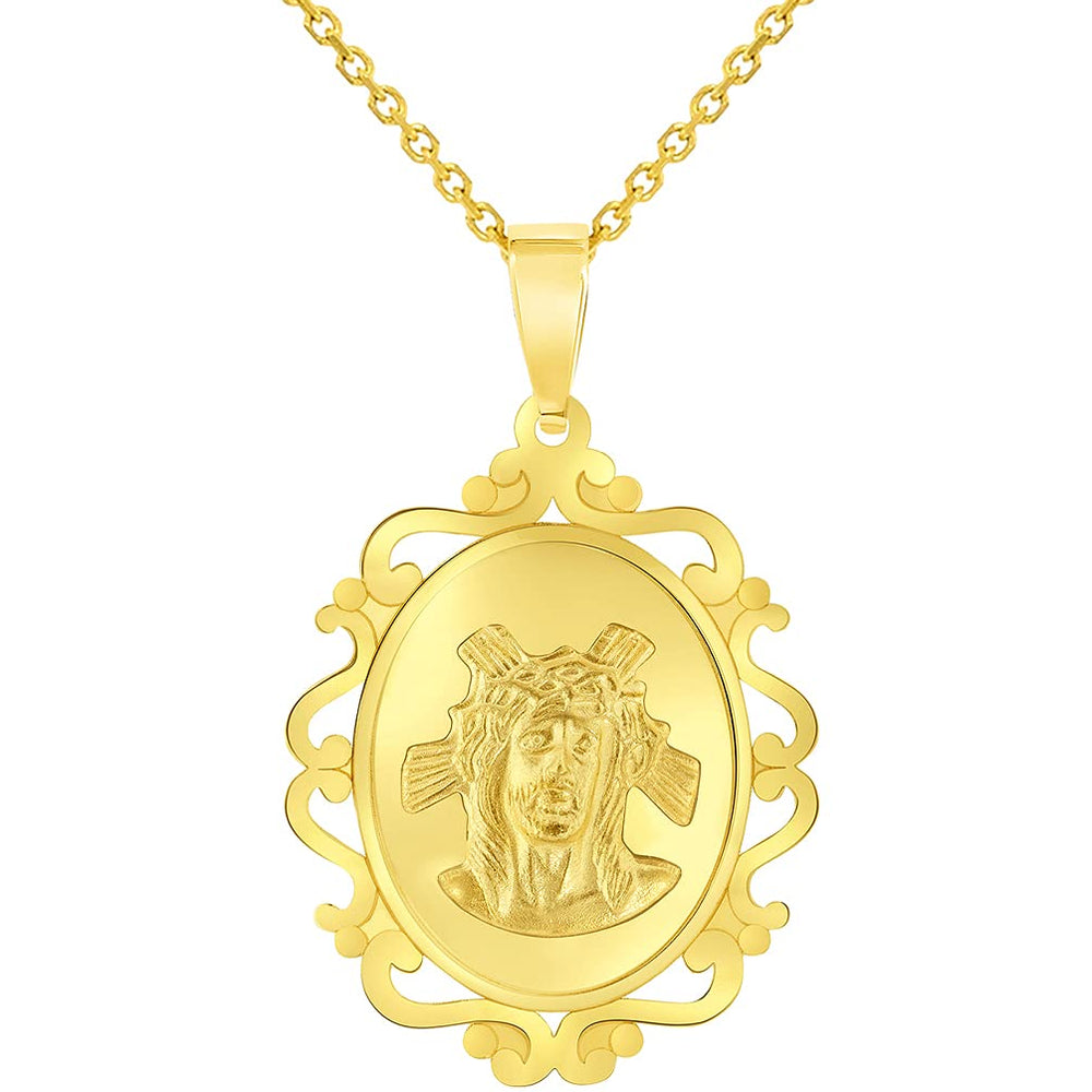 14k Yellow Gold Holy Face of Jesus Christ On Elegant Ornate Miraculous Medal Pendant Necklace