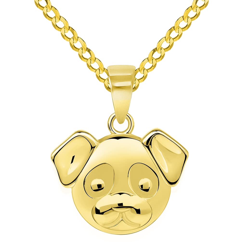14k Yellow Gold Mini Puppy Face Charm Animal Pendant with Cuban Curb Chain Necklace