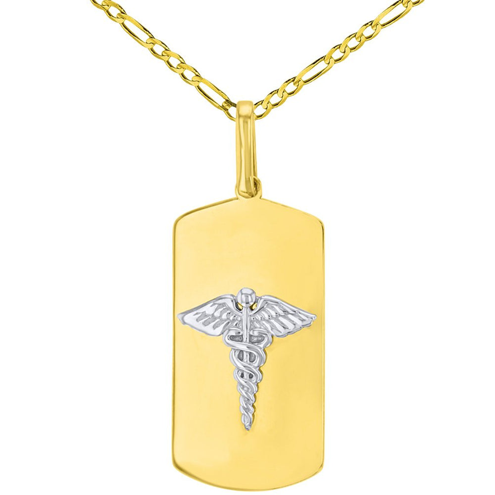 14K Solid Two Tone Gold Caduceus Charm Medical Symbol Pendant with Figaro Chain Necklace