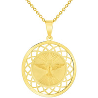 Load image into Gallery viewer, 14k Yellow Gold Holy Spirit Dove Religious Round Open Ornate Medal Pendant Necklace
