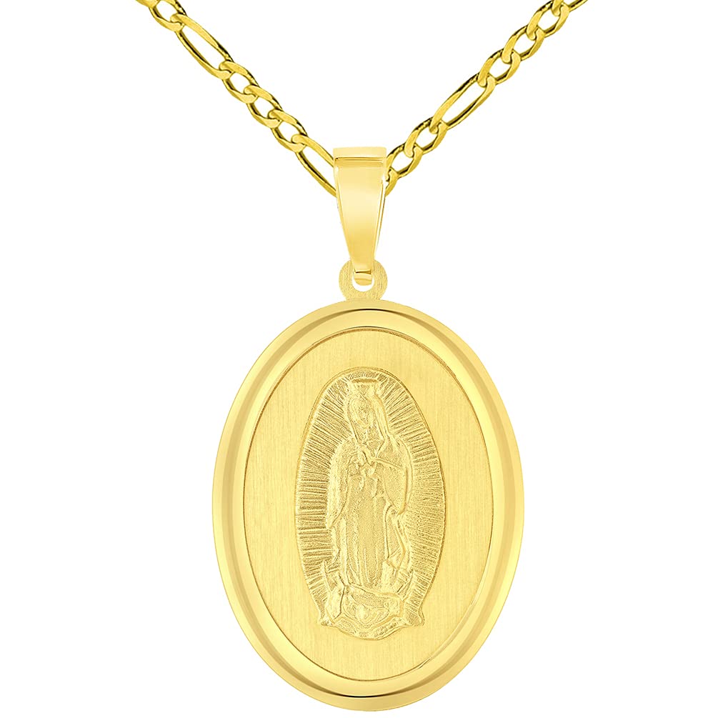 14k Yellow Gold Oval Miraculous Medal of Our Lady of Guadalupe Pendant with Figaro Chain Necklace