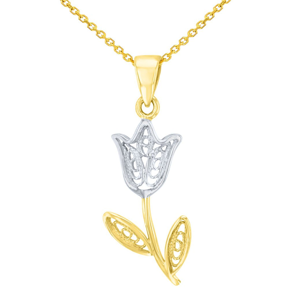 Yellow Gold Filigree Tulip Flower Pendant Necklace