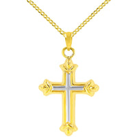 Load image into Gallery viewer, Dainty 14k Yellow Gold Fleur de Lis Cross Charm Pendant Necklace with Cuban Chain
