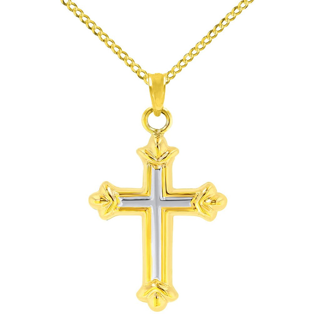 Dainty 14k Yellow Gold Fleur de Lis Cross Charm Pendant Necklace with Cuban Chain