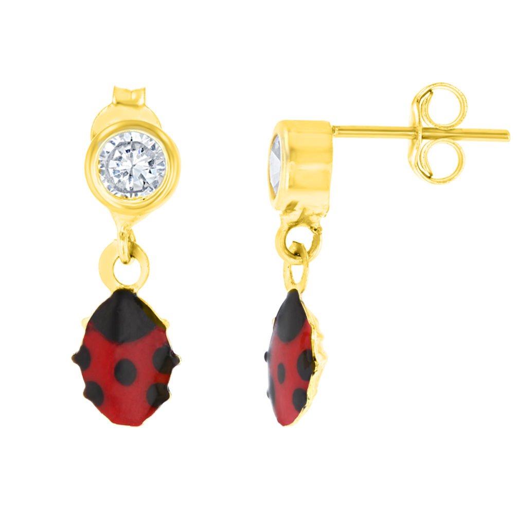 14k Yellow Gold Enameled Ladybug CZ Studded Dangling Earrings