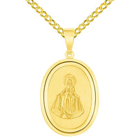Load image into Gallery viewer, 14k Yellow Gold Oval Miraculous Medal of Virgin Mary Pendant with Cuban Chain Curb Necklace
