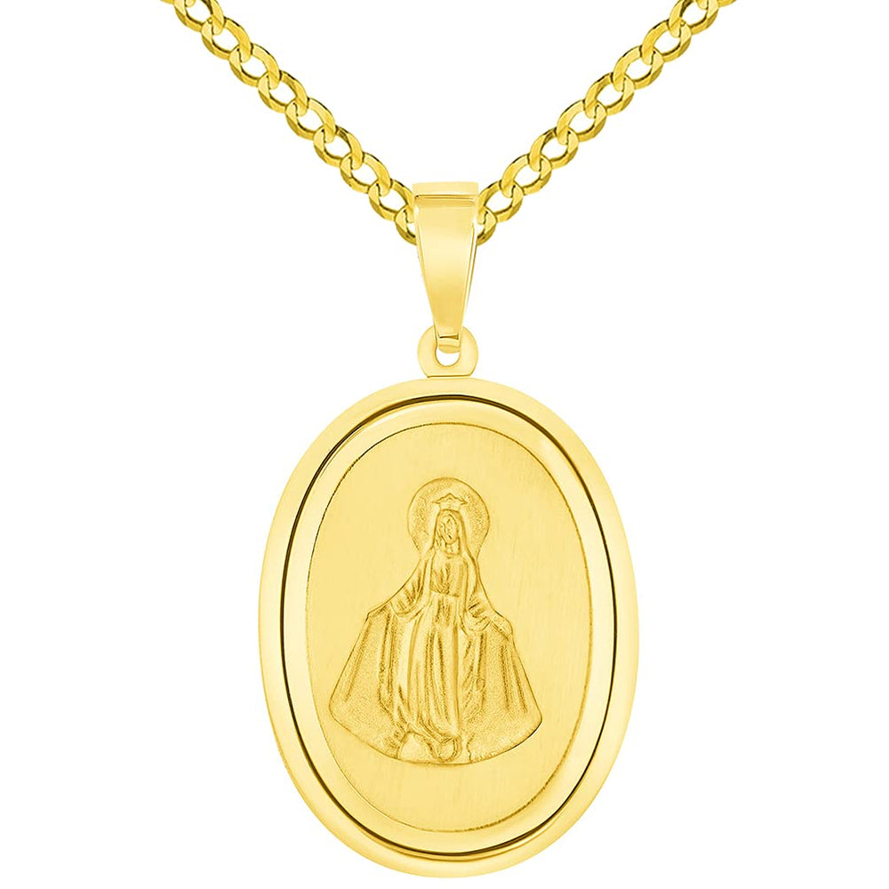 14k Yellow Gold Oval Miraculous Medal of Virgin Mary Pendant with Cuban Chain Curb Necklace