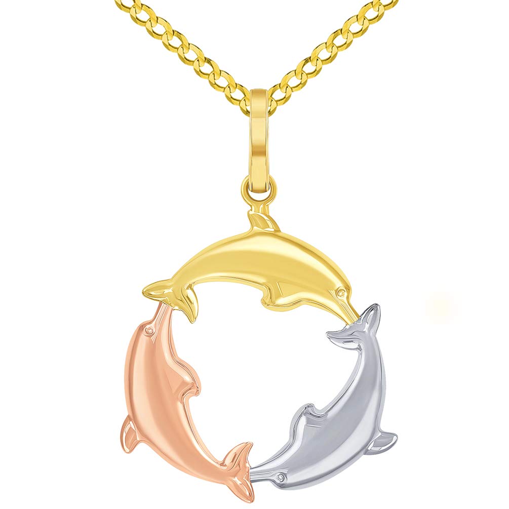High Polish 14k Tri-Color Gold Dolphin Circle Pendant with Cuban Curb Chain Necklace