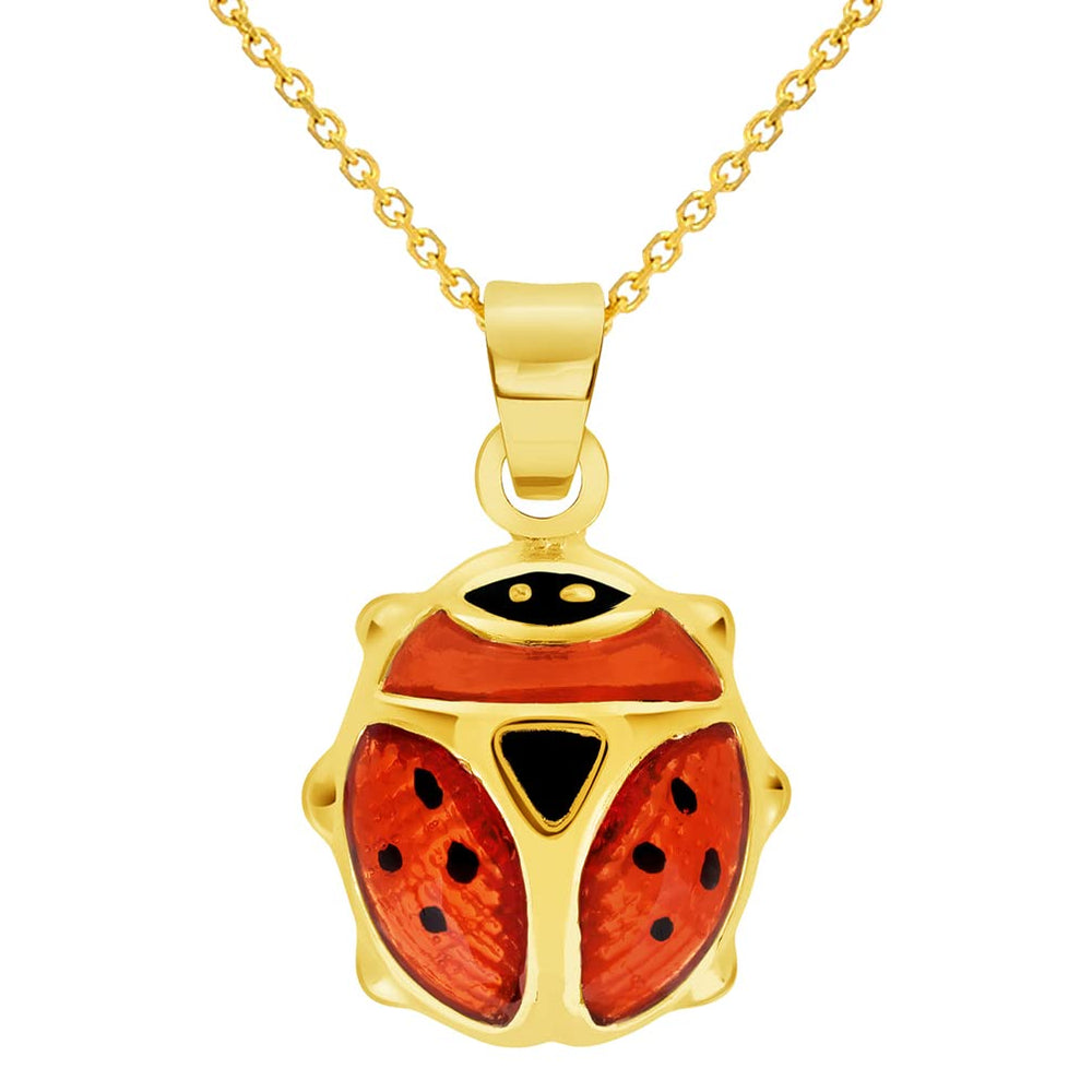 14k Yellow Gold Mini Red Enamel Ladybug Charm Pendant Necklace