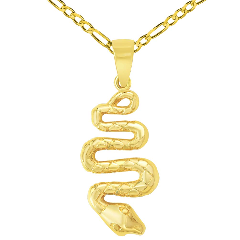 14k Yellow Gold Snake Slithering Down Pendant with Figaro Chain Necklace