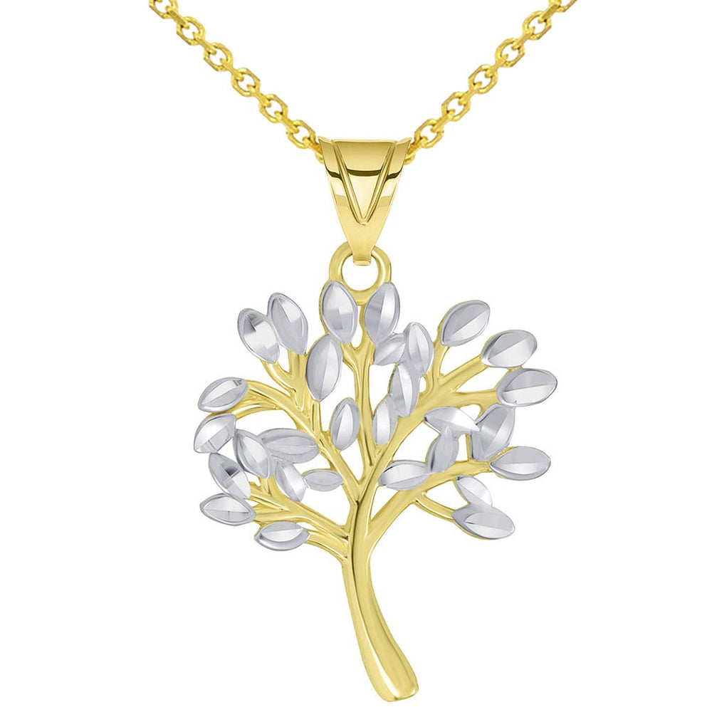 14k Solid Yellow Gold Textured Two Tone Tree of Life Pendant Necklace Available with Rolo, Curb, or Figaro Chain